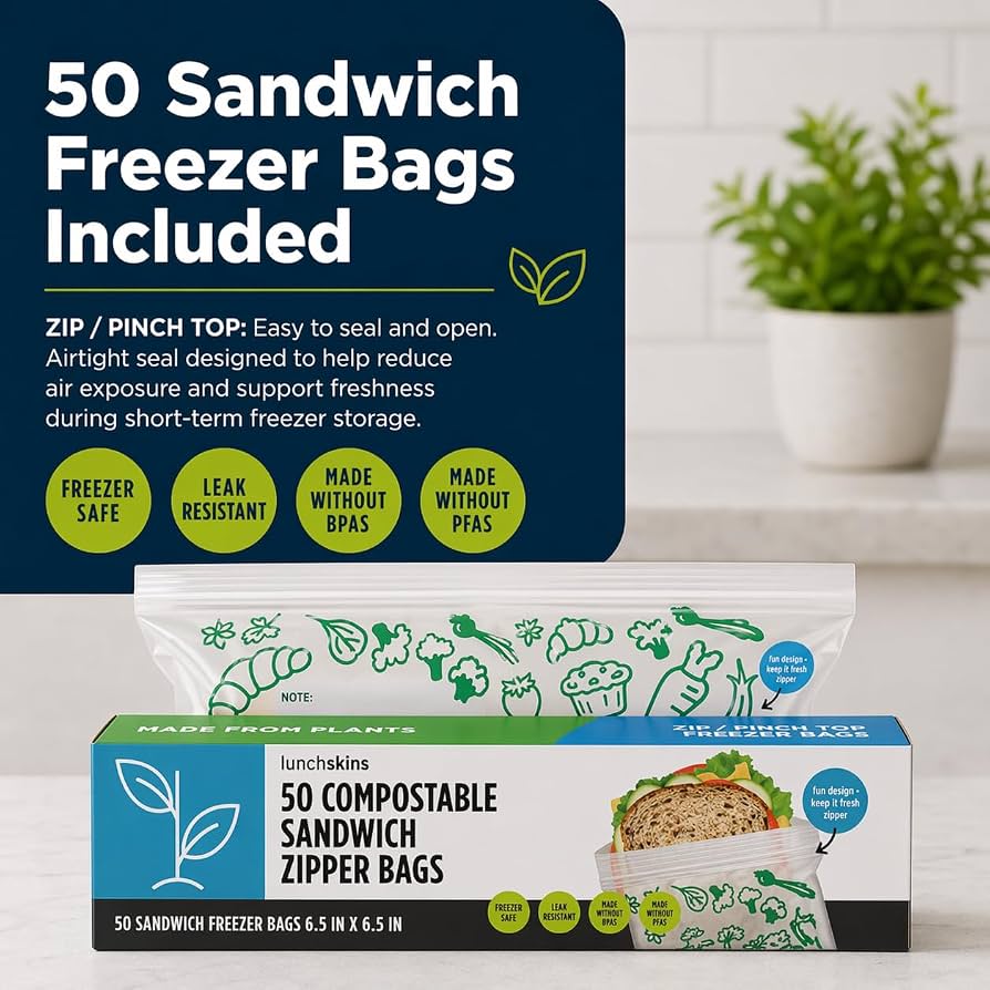 Ziptop Sandwich Storage Bags - Compostable & Freezer-Safe