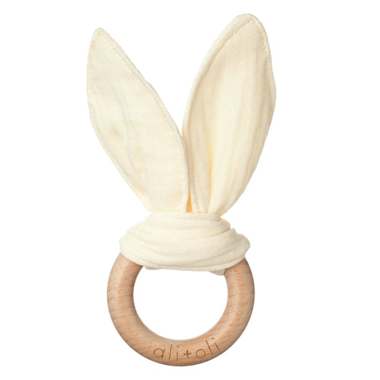 Crinkle Bunny Ears Wooden Ring Teething Toy for Baby