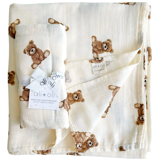 Ali+Oli Muslin Swaddle Blanket - Teddy Bear